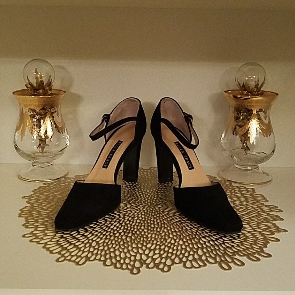 Ellen Tracy Black Suede Ankle Strap Heels